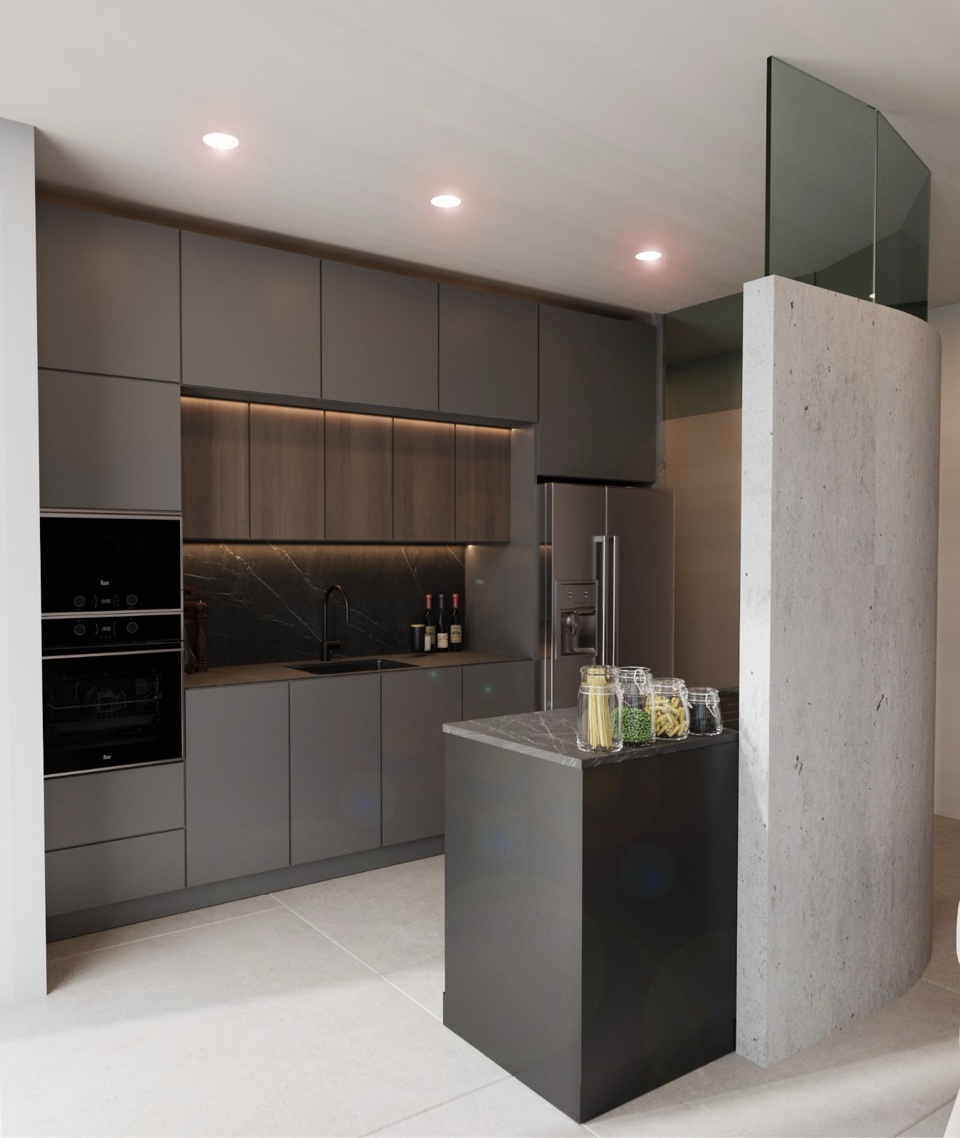 Modern kitchen remodel with dark gray cabinetry, double wall ovens and marble backsplash