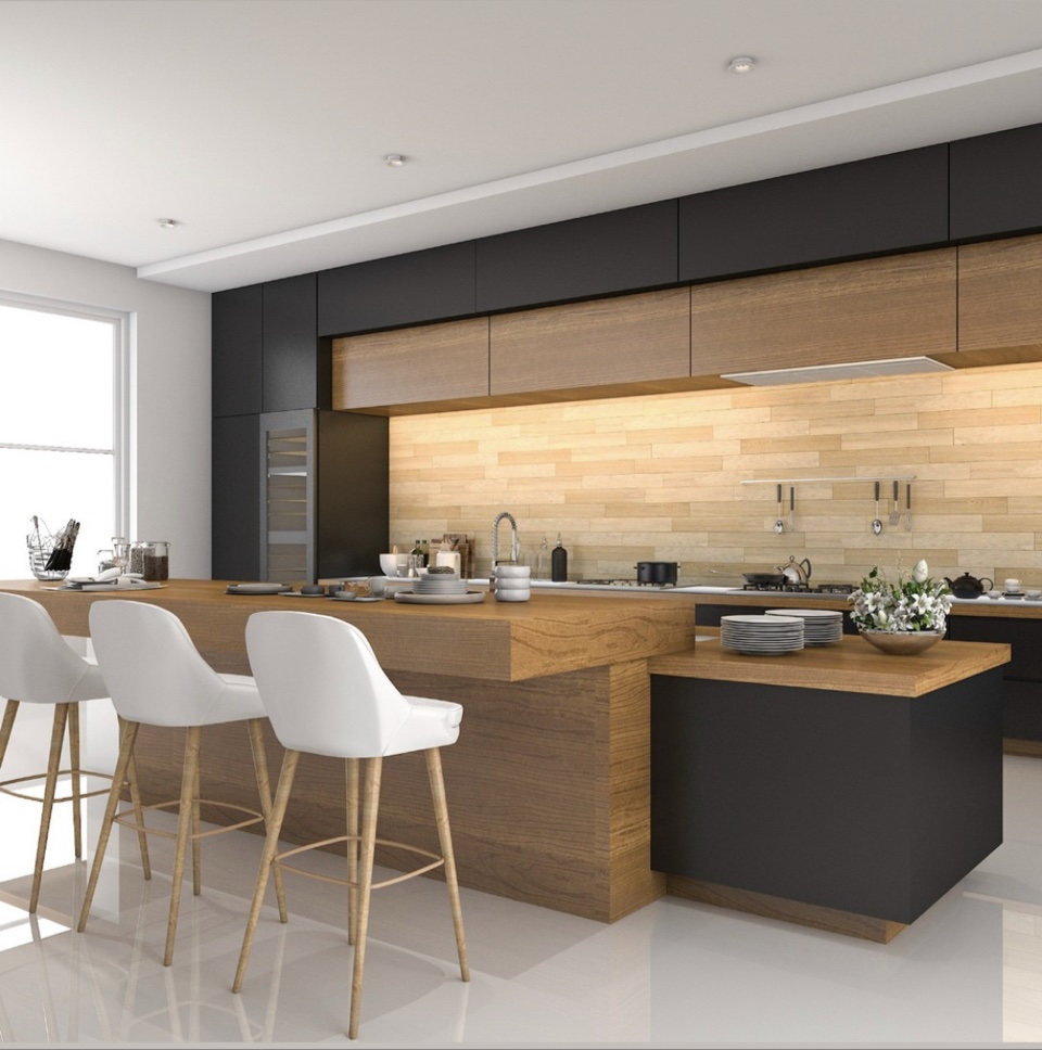 Modern kitchen with wood and black island and bar stools