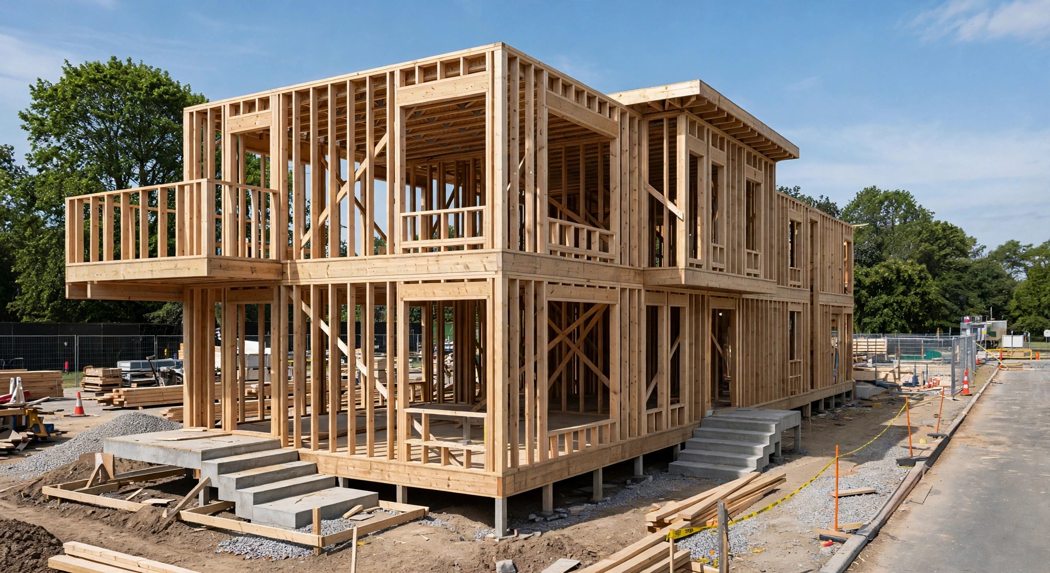 Wood framing of a two-story home under construction