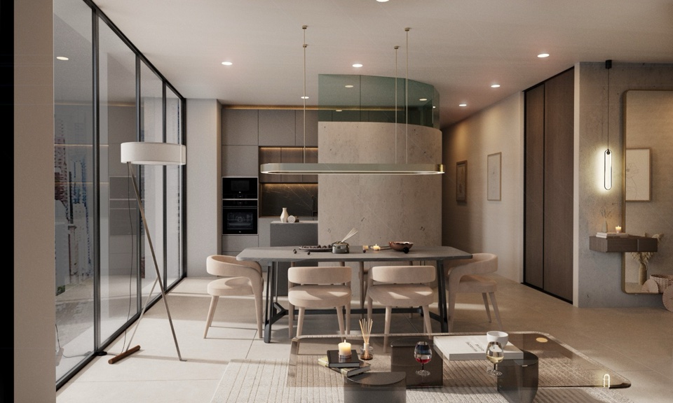 Open-plan kitchen and dining remodel with curved concrete feature wall